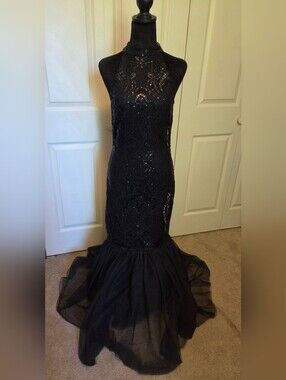 Black Sequin Lace Halter Mermaid Tulle Evening Dress Size Meduim